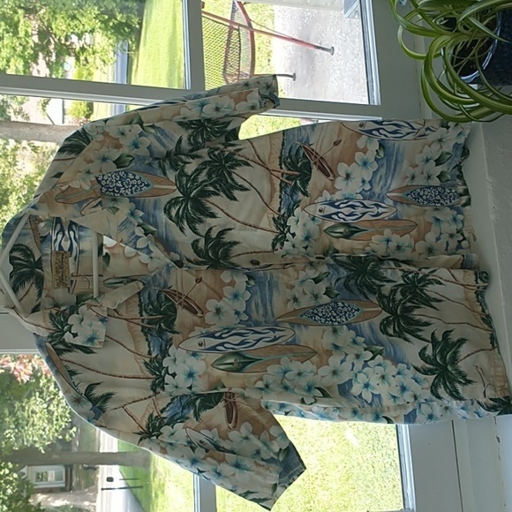 Blue Hawaii Hawaiian Islands Tropical Palm Tree Button Down Shirt Size Large